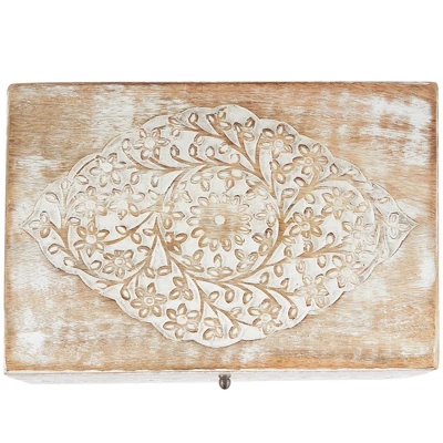 Set Of 3 Natural Mango Wood Whitewashed Carved Design Boxes With Lid - Olivia & May - Image 4