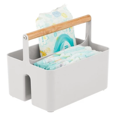 MDesign Plastic Portable Nursery Storage Caddy Tote With Wood Handle - Image 8