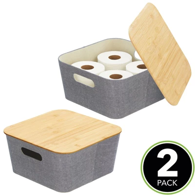 MDesign Modern Stackable Fabric Covered Bin With Bamboo Lid, 2 Pack