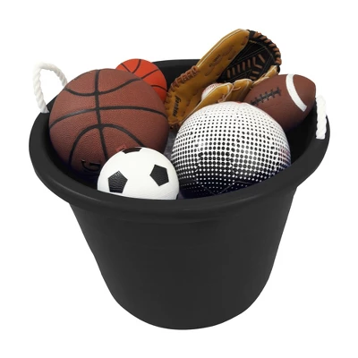 Homz Multipurpose 17 Gallon Plastic Open-Top Storage Round Utility Tub With Rope Handles For Indoor Or Outdoor Home Organization, Black (2 Pack)