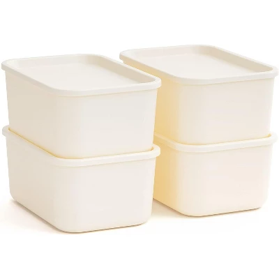 IRIS USA 4Pack Stackable Lidded Basket Storage Organizer Bins, Off White - Image 9