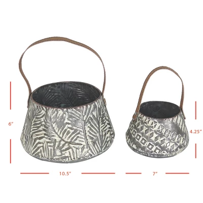 Set Of 2 Rustic Whitewashed Pattern Galvanized Metal Decorative Storage Baskets With Faux Leather Handles - Foreside Home And Garden - Image 8